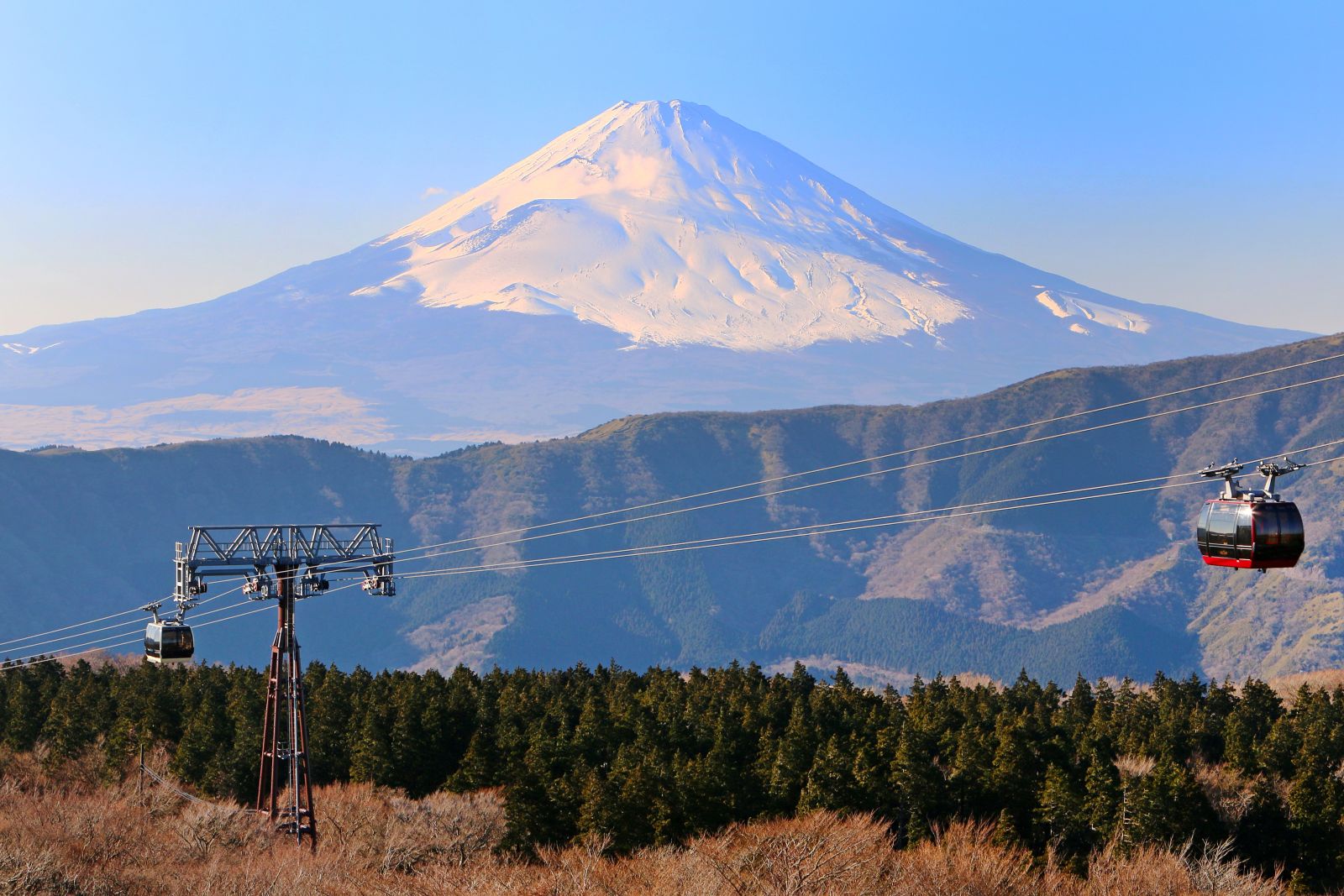 A bubble car or cable car passing Mount Fuji in Hakone Japan