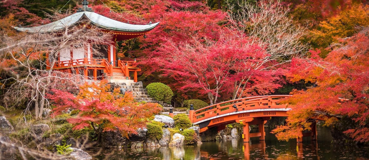 Daigoji Temple, a designated World Heritage Site southeast of central Kyoto in Japan, with red maple trees and a bridge over a lake in front