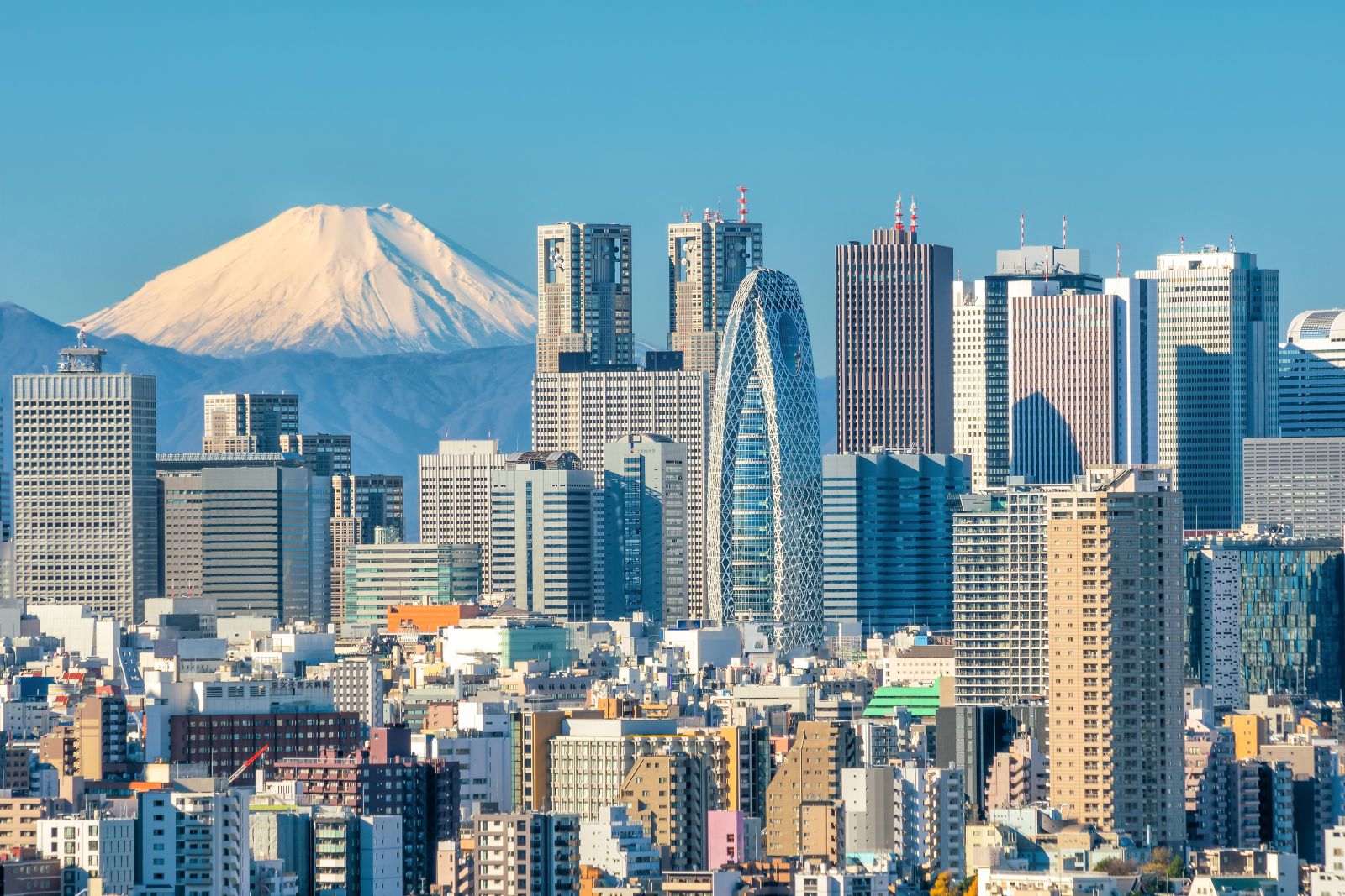 Tokyo skyline with a snow-capped Mount Fuji in the background
