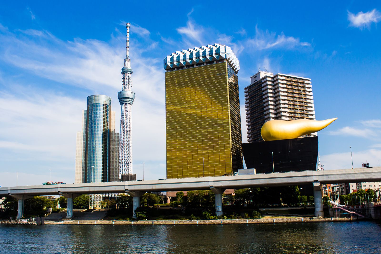 The Tokyo Sky Tree and modern architecture on the banks of the river