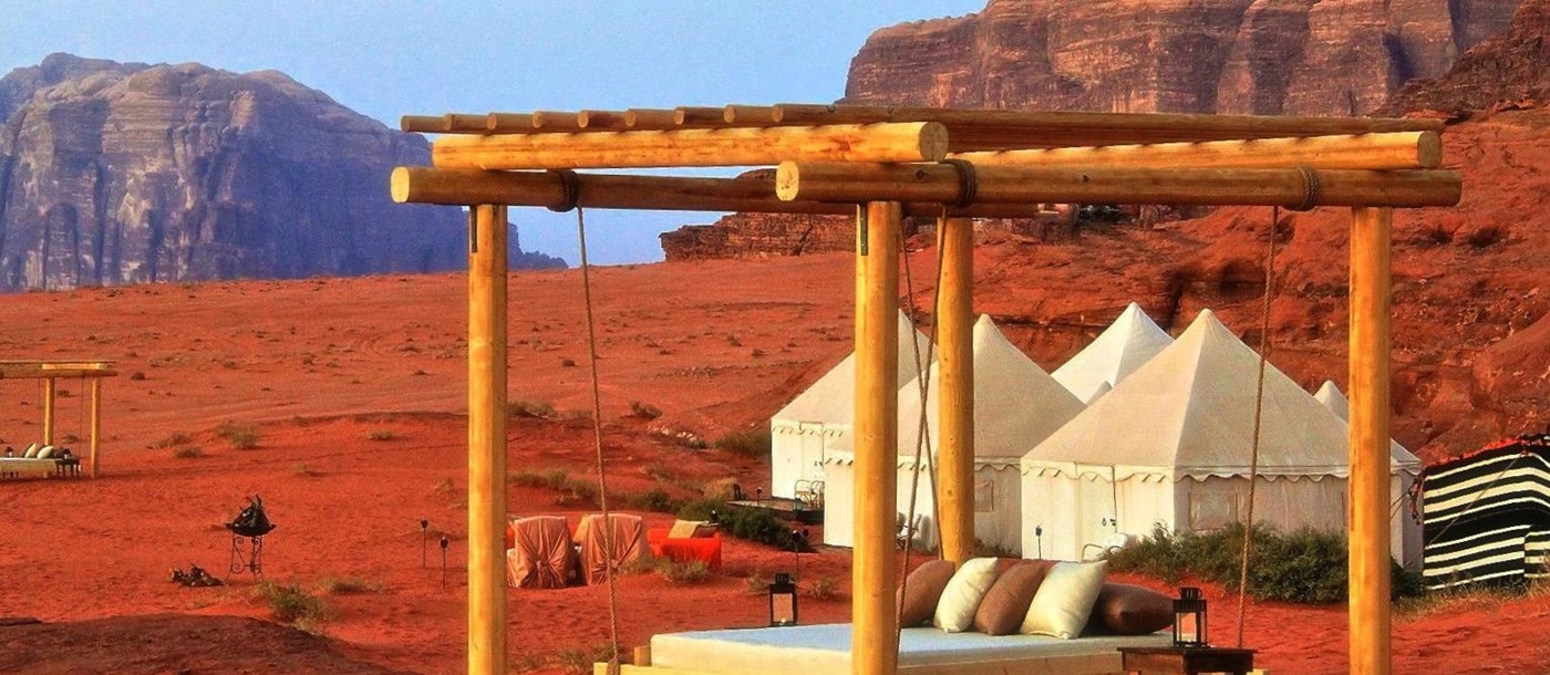 Day bed with desert views at the Discovery Bedu Camp Wadi Rum Jordan