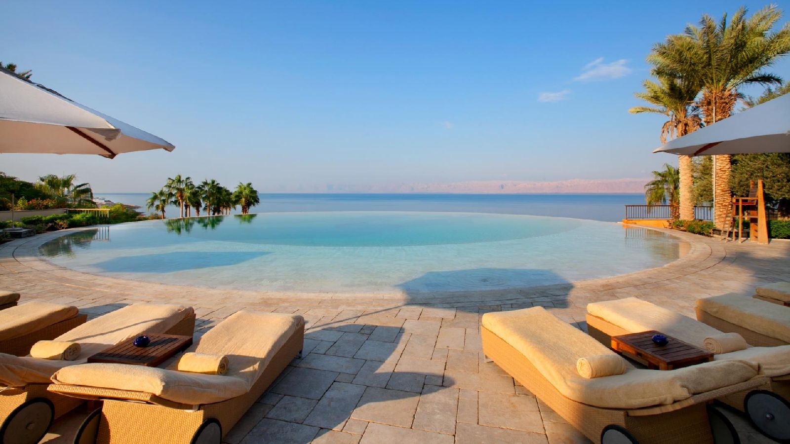 The infinity pool and terrace at the Kempinski Ishtar Dead Sea in Jordan