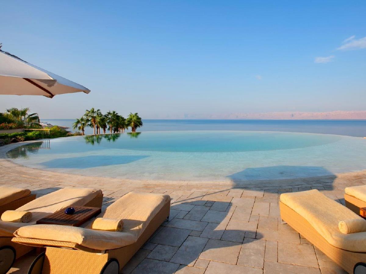 The infinity pool and terrace at the Kempinski Ishtar Dead Sea in Jordan