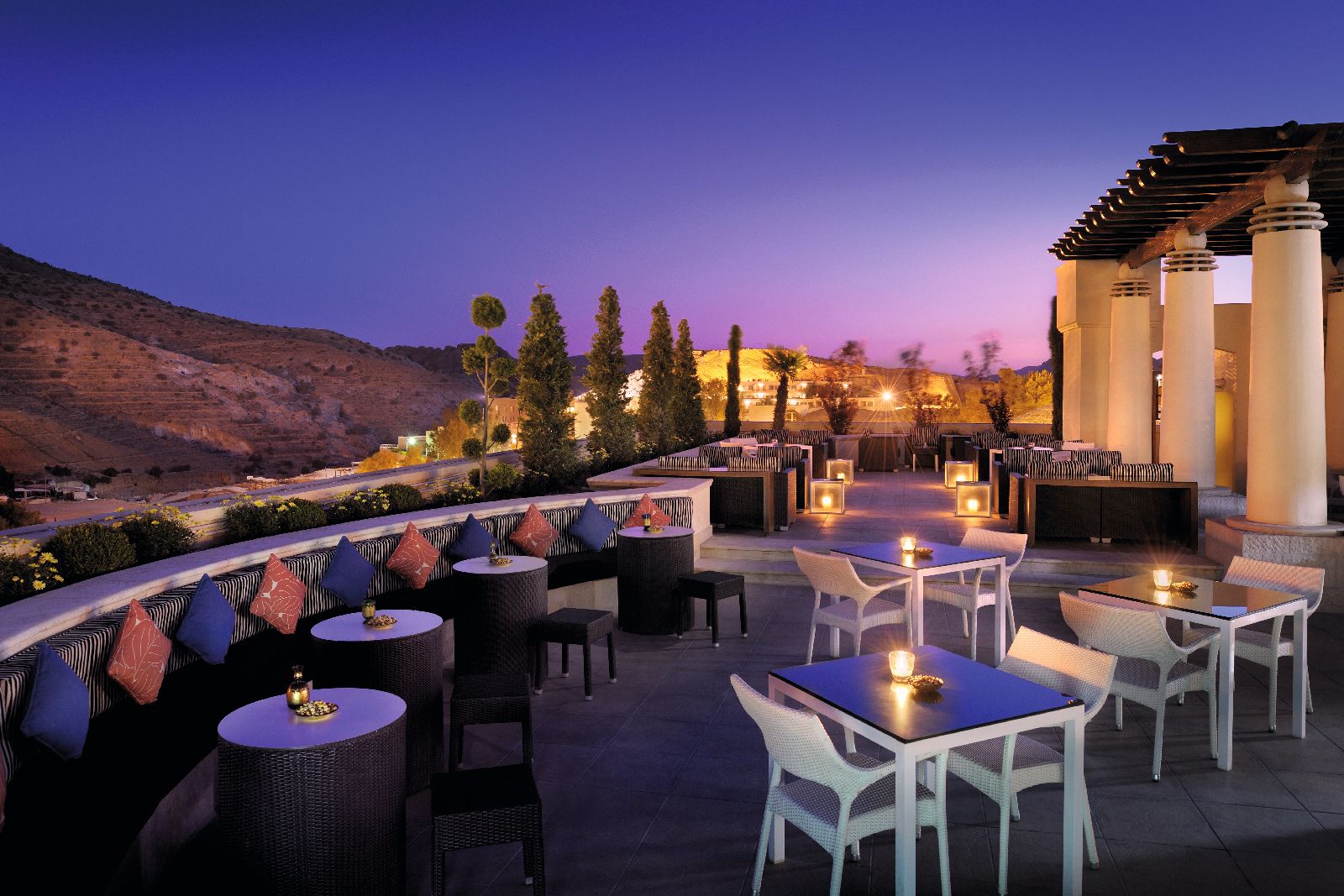 Dusk on the outdoor terrace at the Movenpick Resort Petra in Jordan