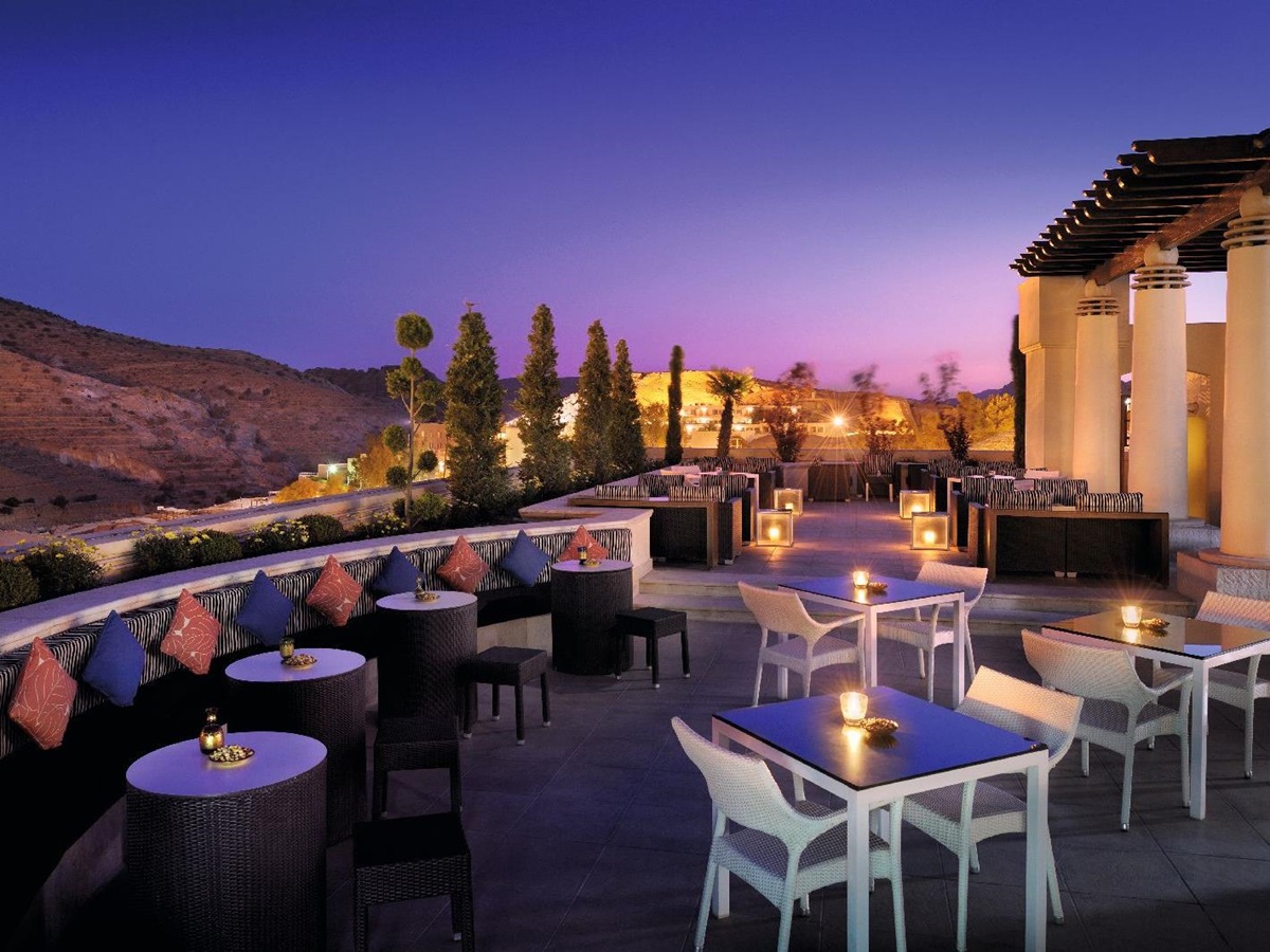 Dusk on the outdoor terrace at the Movenpick Resort Petra in Jordan
