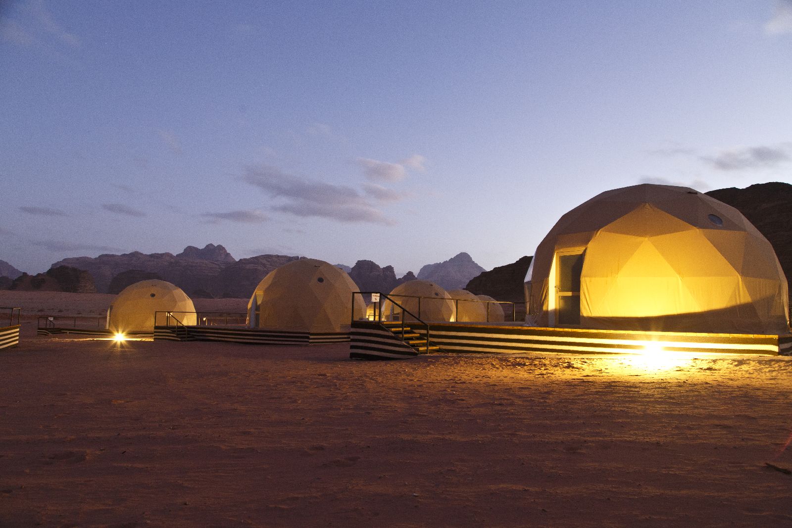 Martian domes at sunset at Sun City Camp Wadi Rum Jordan