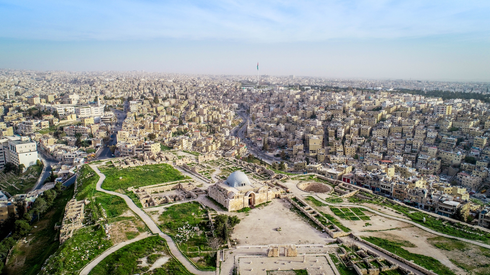 Aerial view over Amman, Jordan, including ancient ruins