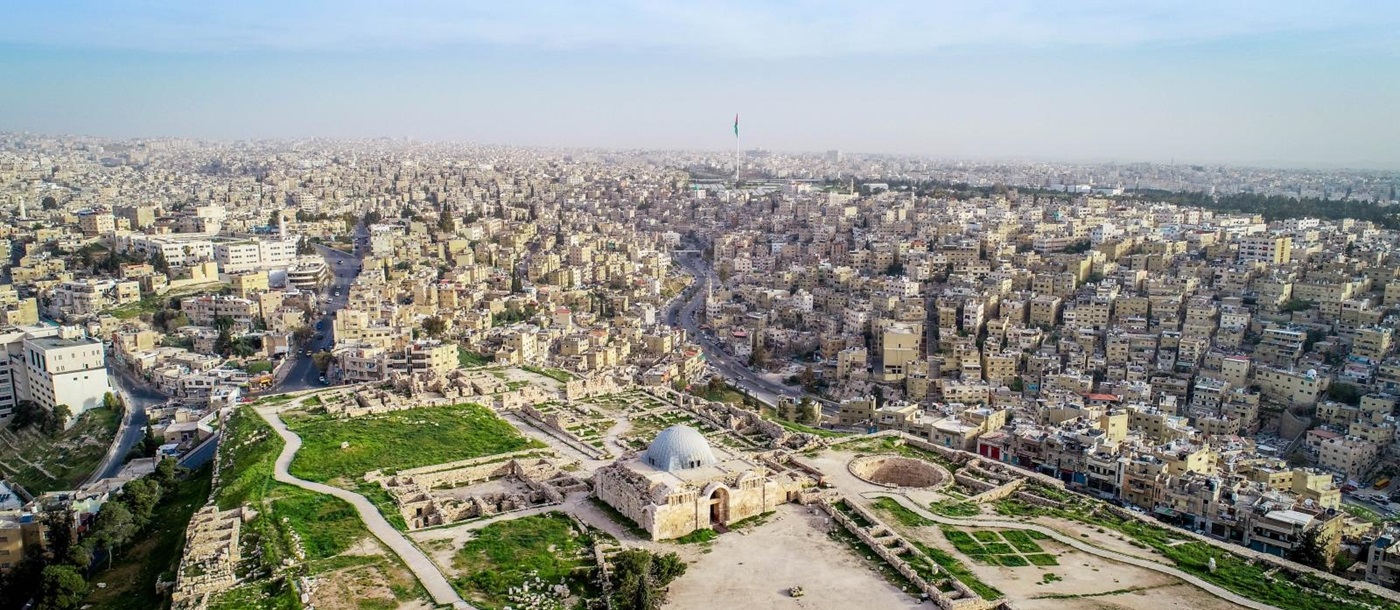 Aerial view over Amman, Jordan, including ancient ruins