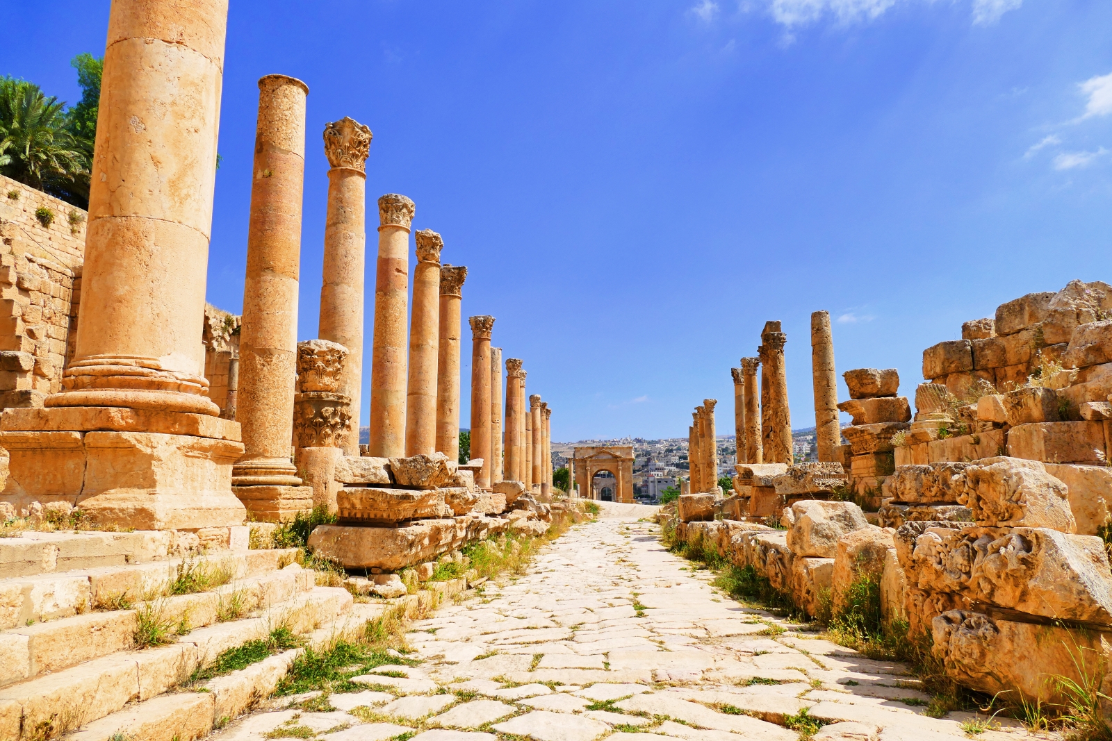 Ancient street with towering pillars at Jerash, Jordan