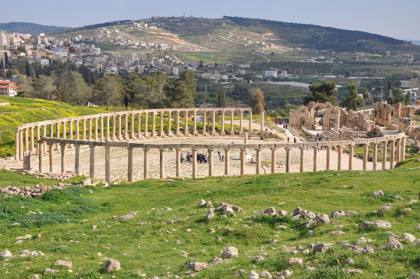 Amphitheatre of ancient columns in the fields of Jerash in Jordan