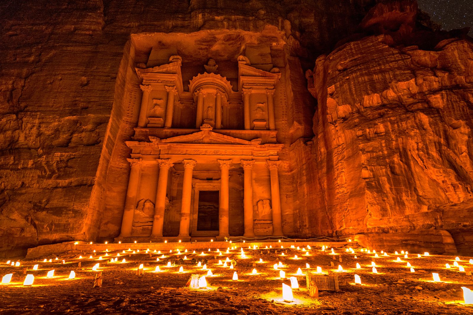The Treasury at Petra in Jordan illuminated by candles at night