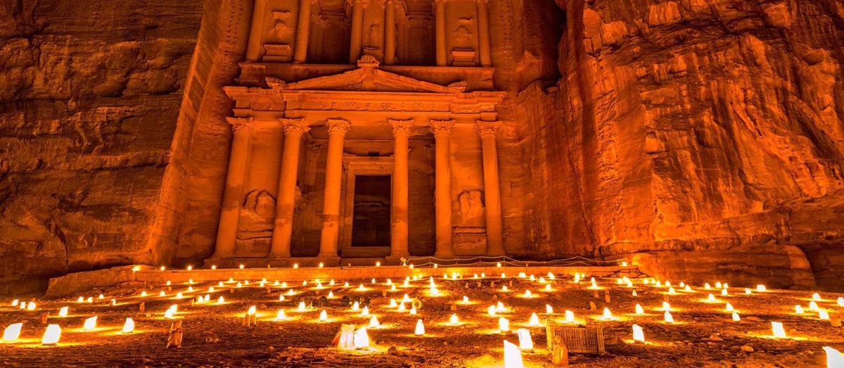 The Treasury at Petra in Jordan illuminated by candles at night
