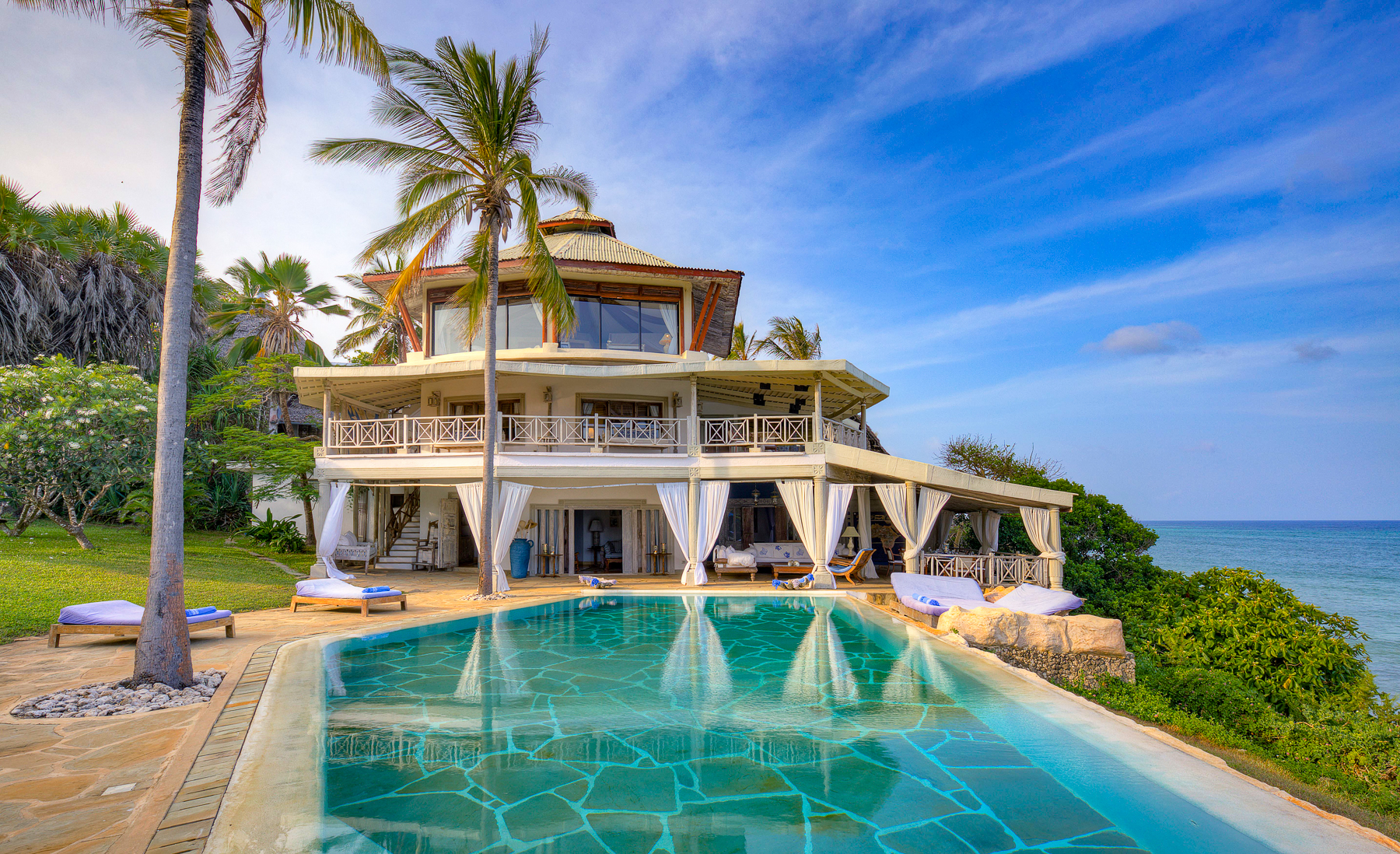 Exterior view of a cliff villa at Alfajiri Villas on Kenya's Indian Ocean coast