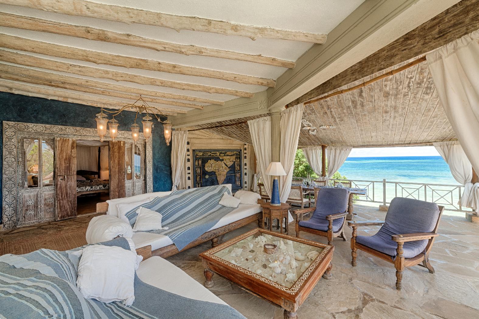the living area of the cliff villa at Alfajiri, Kenya