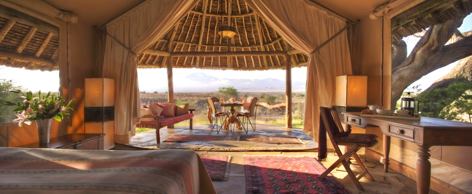 Master tent views from Elewana Tortilis Camp in the Amboseli National Park in Kenya