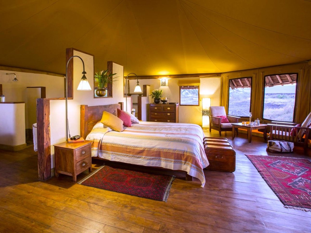 Family tent master bedroom at Elewana Tortilis Camp in the Amboseli National Park in Kenya