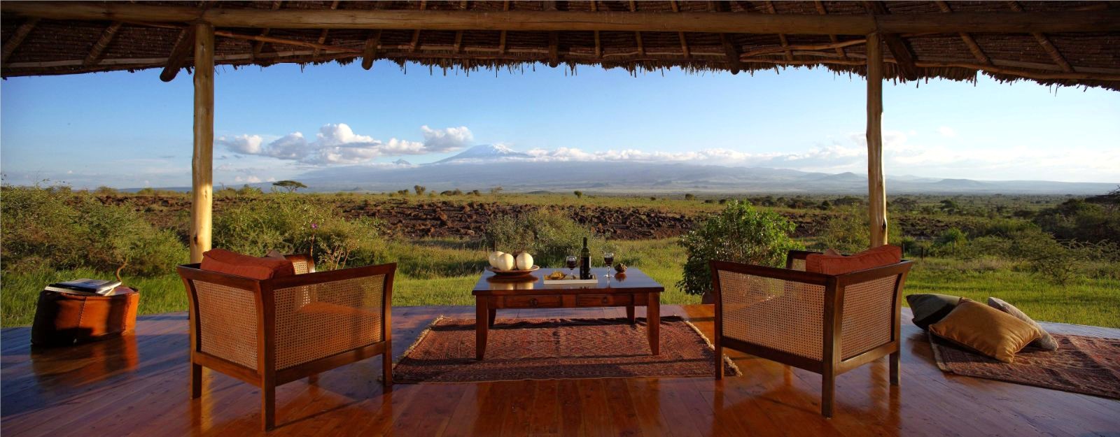 Guest lounge overlooking the Amboseli National Park at Elewana Tortilis Camp in Kenya