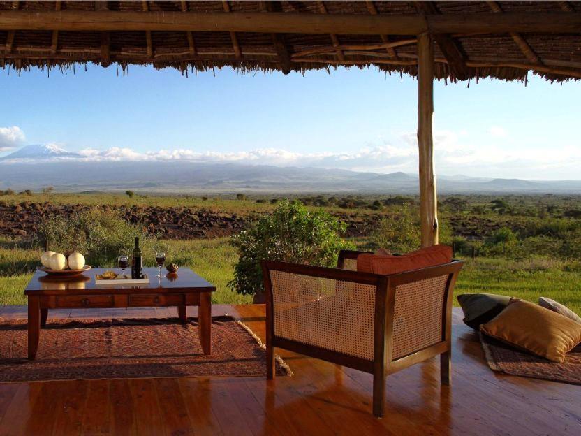 Guest lounge overlooking the Amboseli National Park at Elewana Tortilis Camp in Kenya