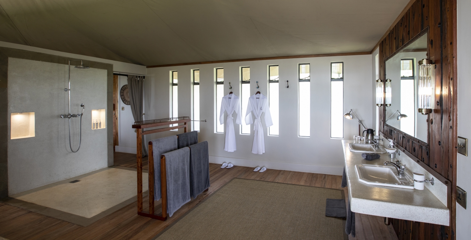 Bathroom of a tented room at luxury safari lodge Lodo Springs in the Laikipia region of Kenya