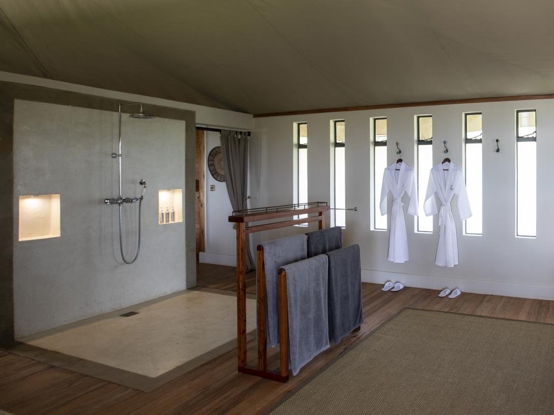 Bathroom of a tented room at luxury safari lodge Lodo Springs in the Laikipia region of Kenya