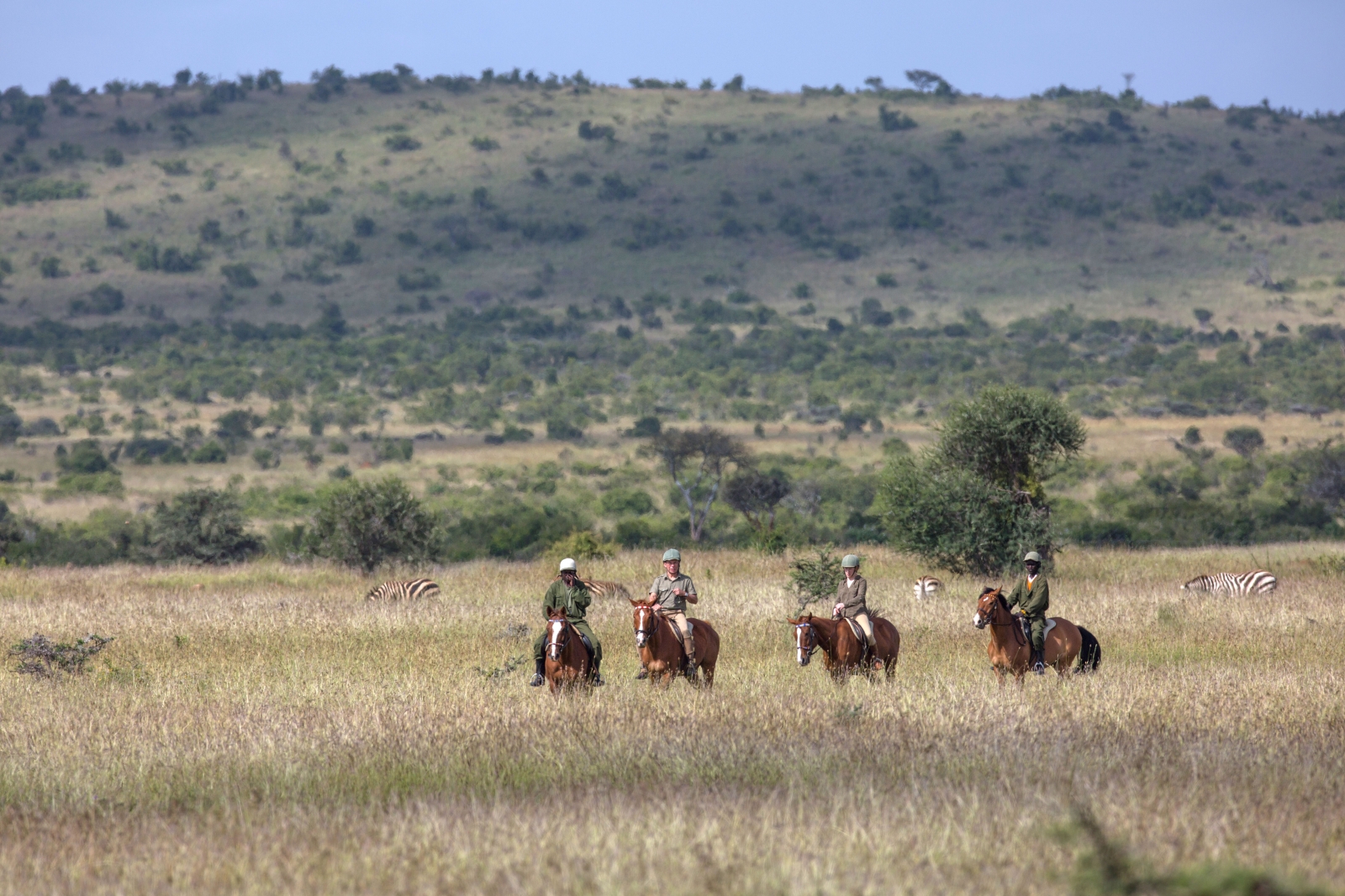Guests on a horse ride in the African bush at luxury safari lodge Lodo Springs in the Laikipia region of Kenya