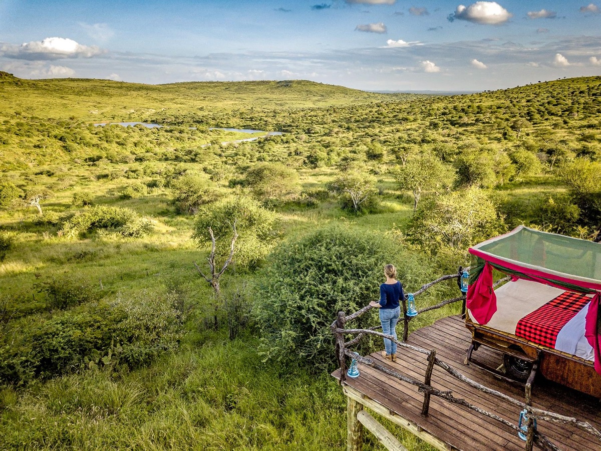 Views over the landscape from a platform at Loisaba Star Beds in Kenya