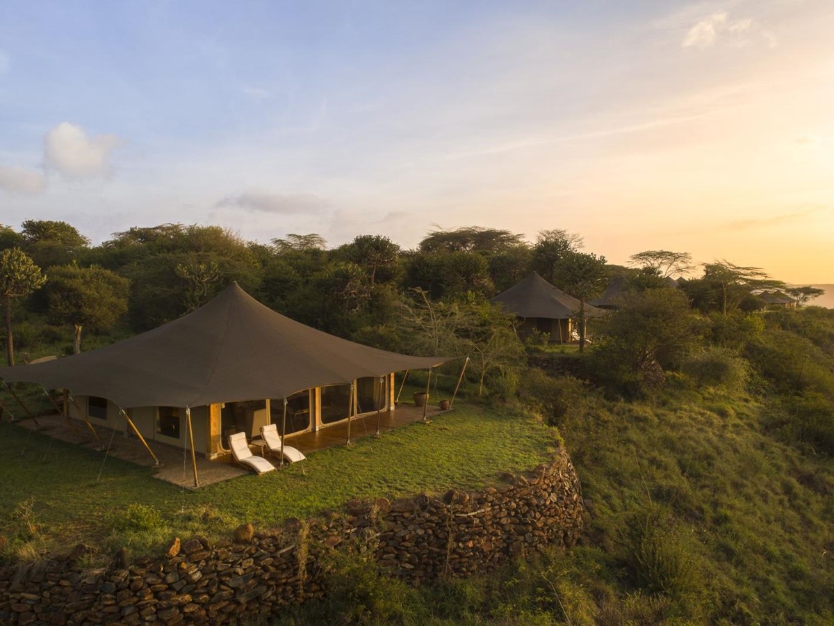 Sunrise aerial view of Loisaba Tented Camp in Kenya