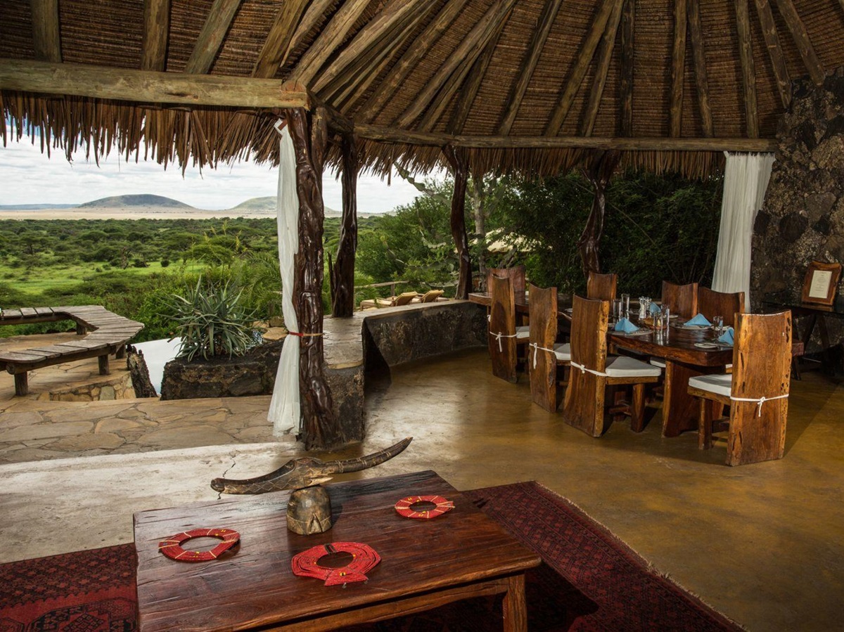 Open-sided dining area of luxury lodge Ol Donyo in Kenya