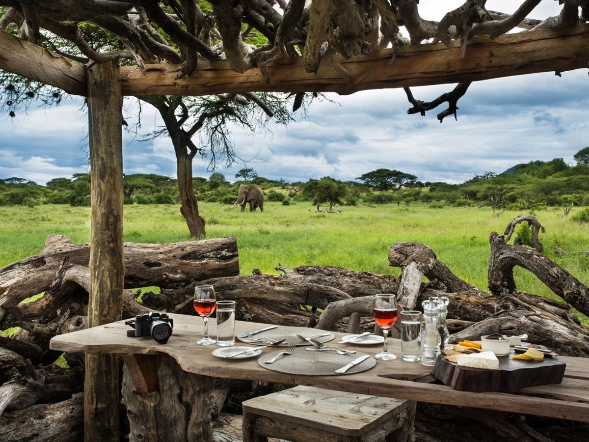 Photographic hide set up with drink and snacks ready for guests watching an elephant during a stay at luxury lodge Ol Donyo in Kenya