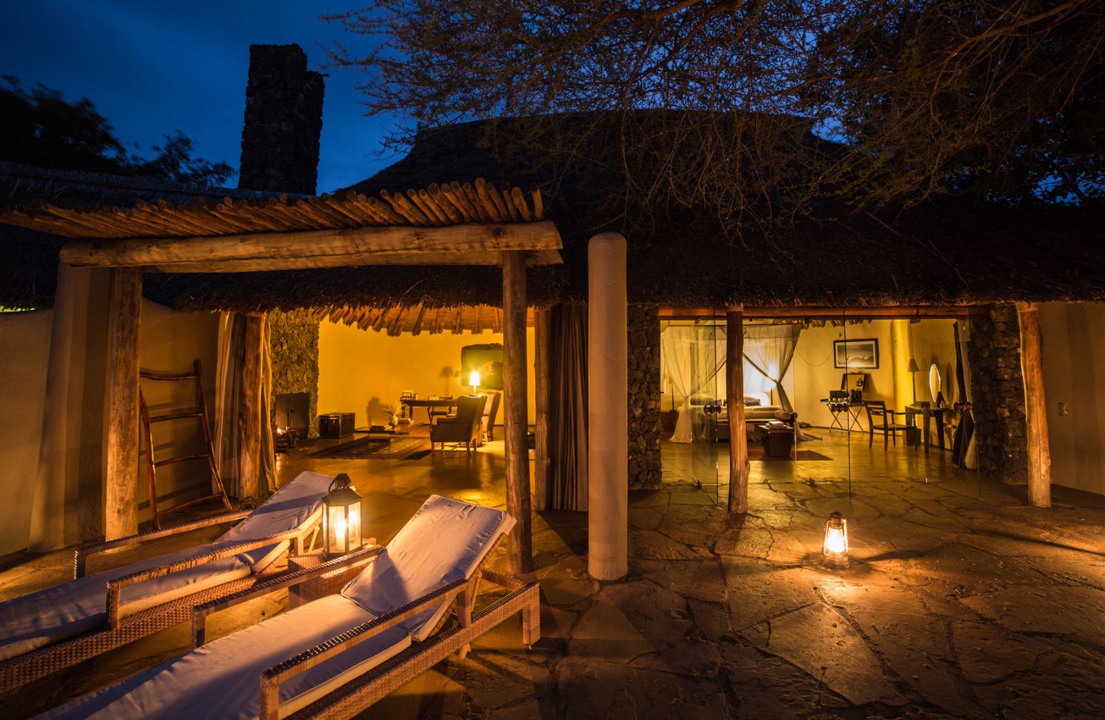 Luxury Suite at luxury lodge Ol Donyo in Kenya at night