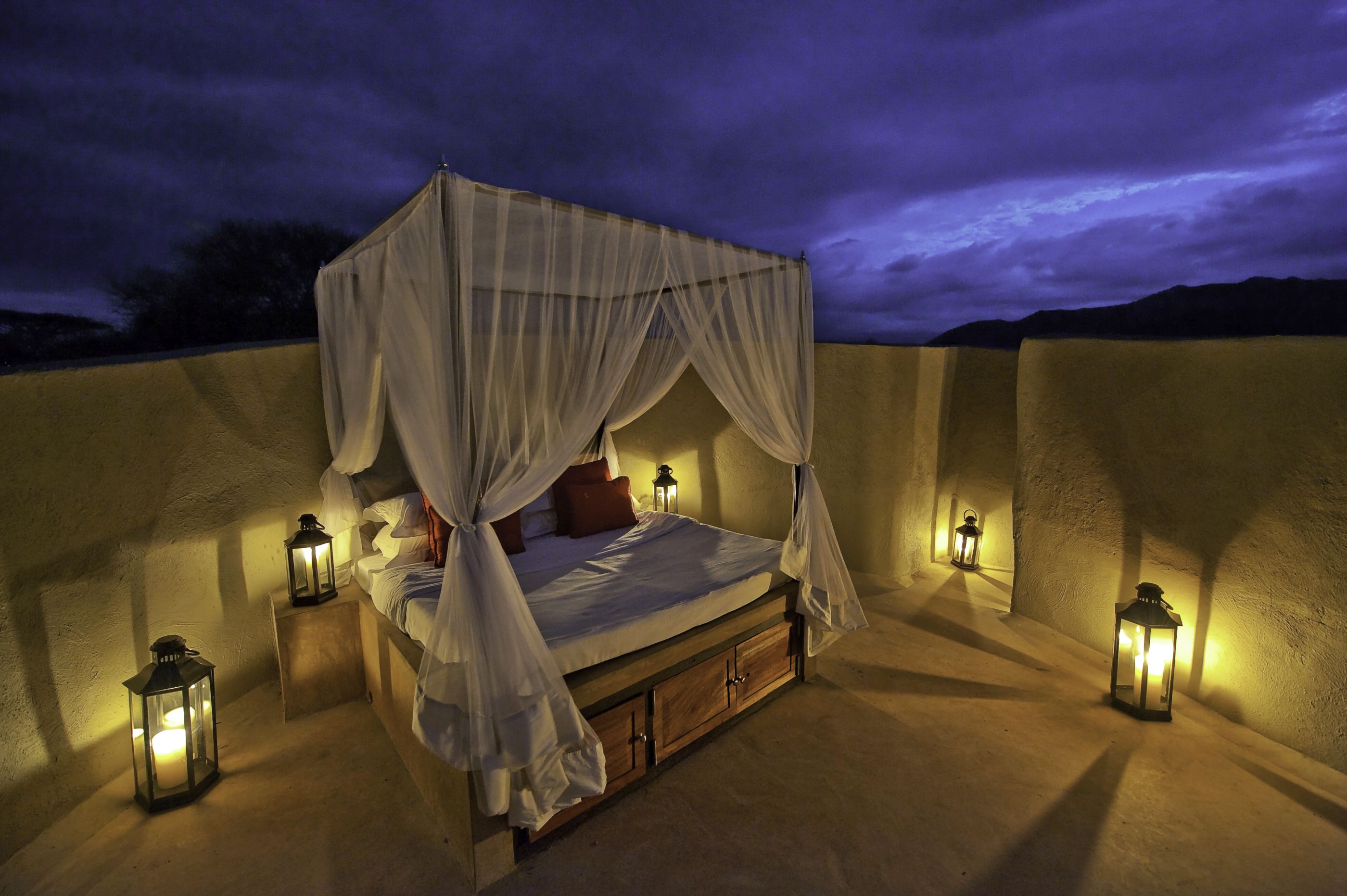 outdoor bed at Ol Donyo Lodge, Kenya