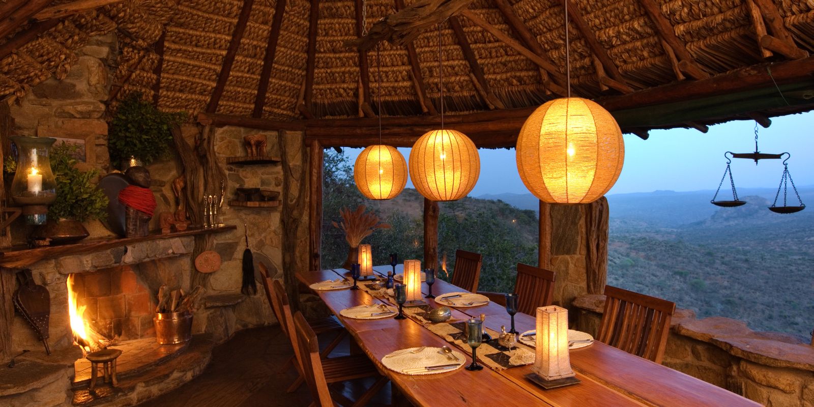 Dining room at night at Ol Malo Lodge in Kenya 
