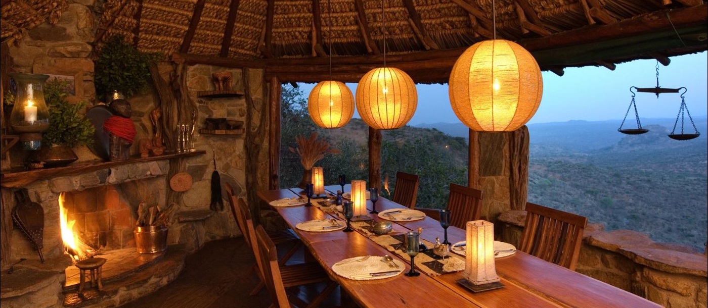 Dining room at night at Ol Malo Lodge in Kenya 