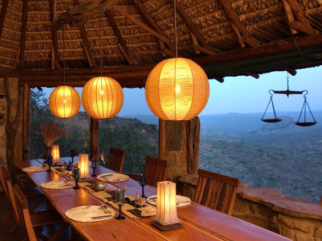 Dining room at night at Ol Malo Lodge in Kenya