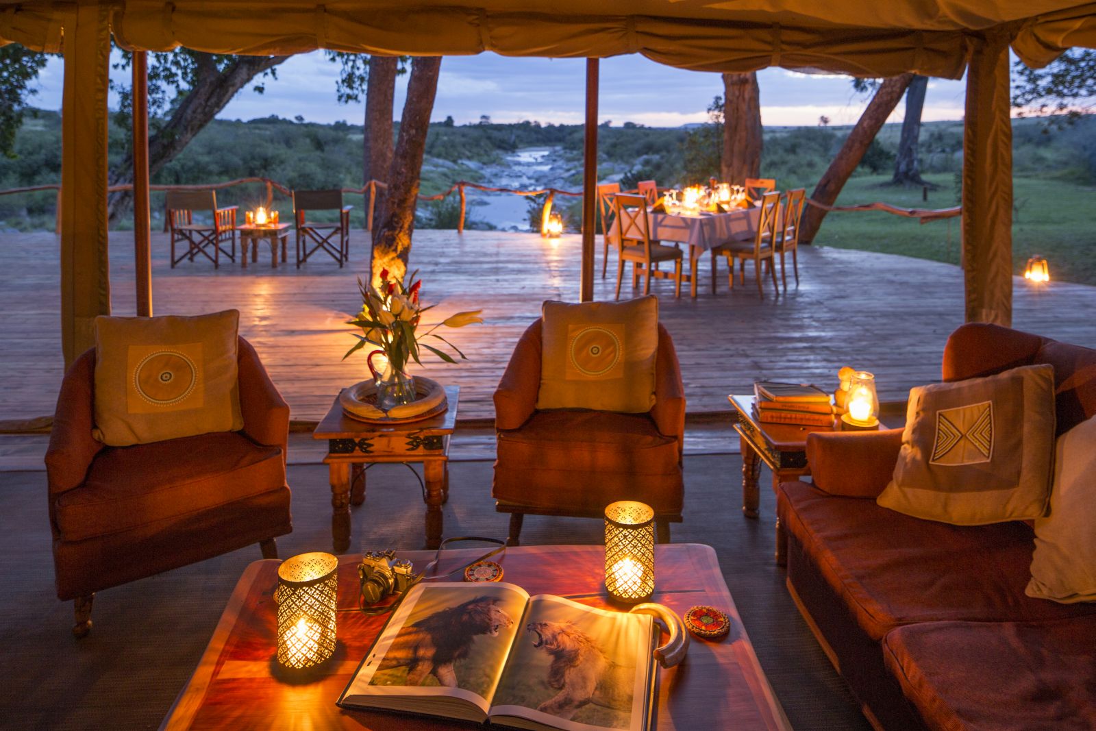 Sitting area at night at Rekero Camp in Kenya 