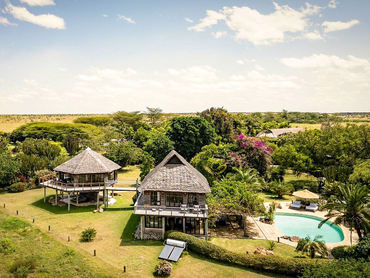 Aerial view of a villa at Segera Camp in Kenya
