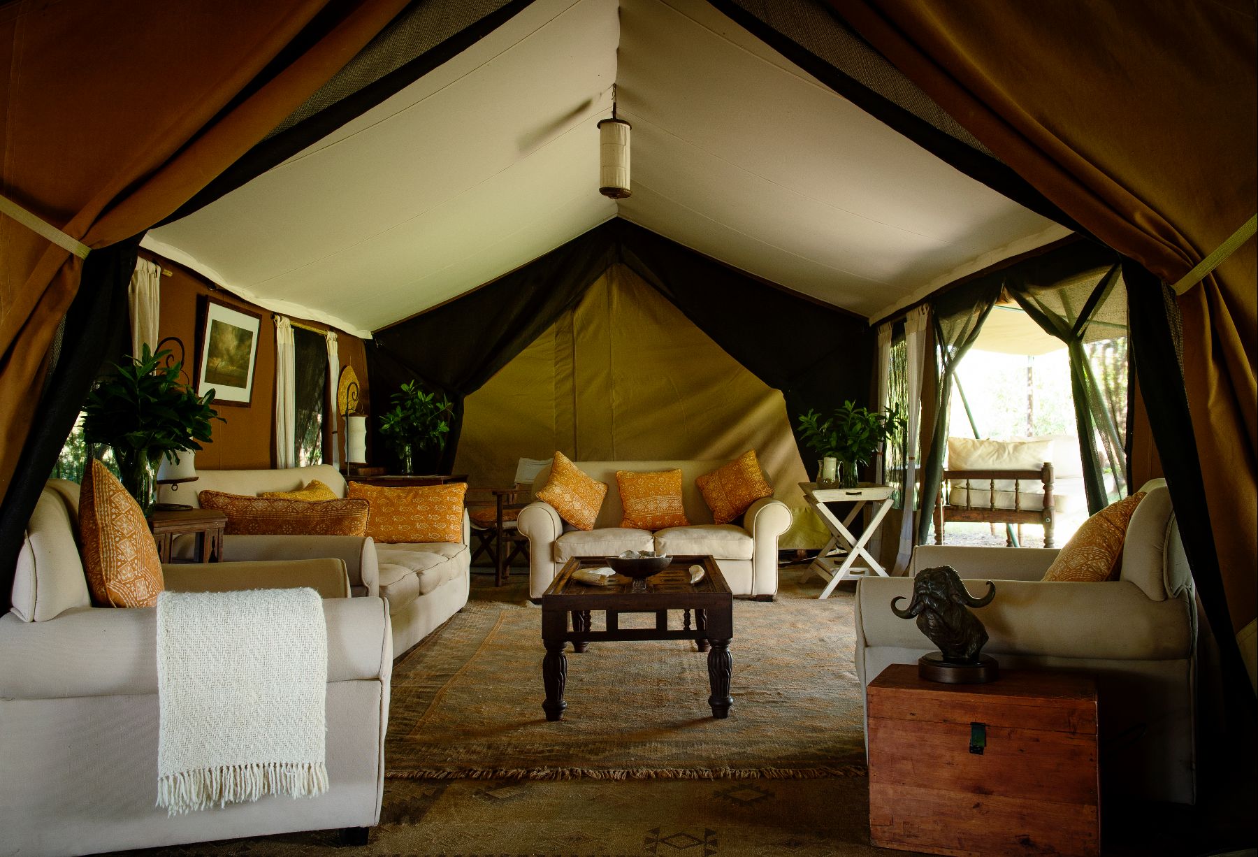 Interior view of a guest tent at Serian's Nkorombo in Kenya