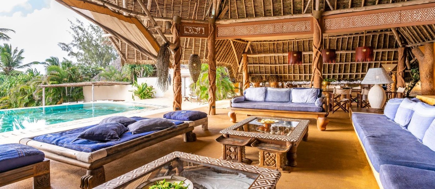 Lounge and seating area at Alfajiri Garden Villa on Diani Beach in Kenya