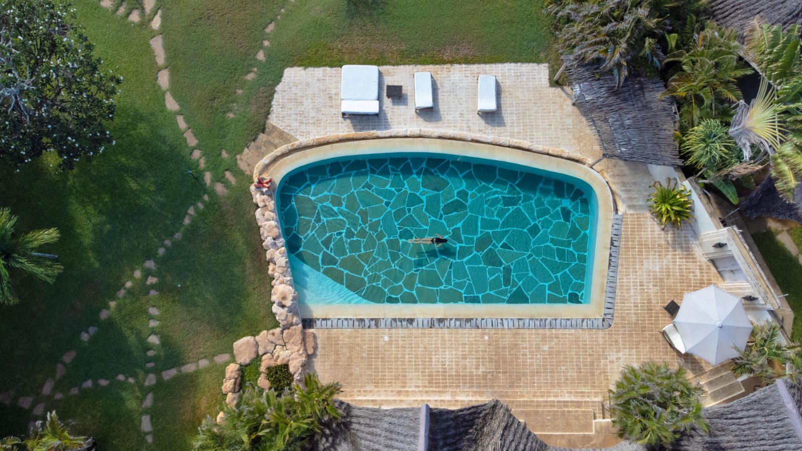 Aerial view of the pool at Alfajiri Garden Villa on Diani Beach in Kenya