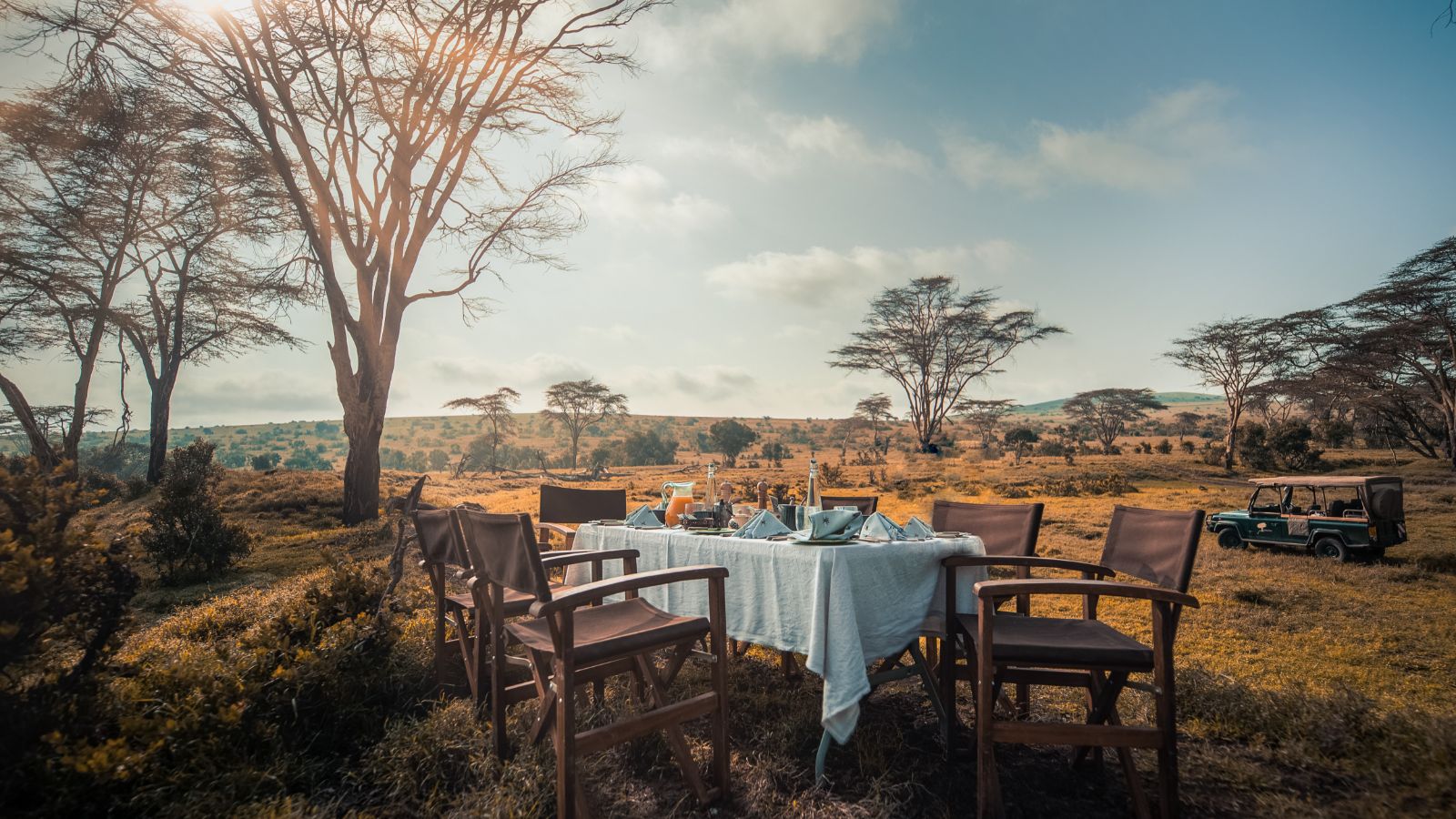 Bush breakfast set up at Lengishu in Laikipia, Kenya