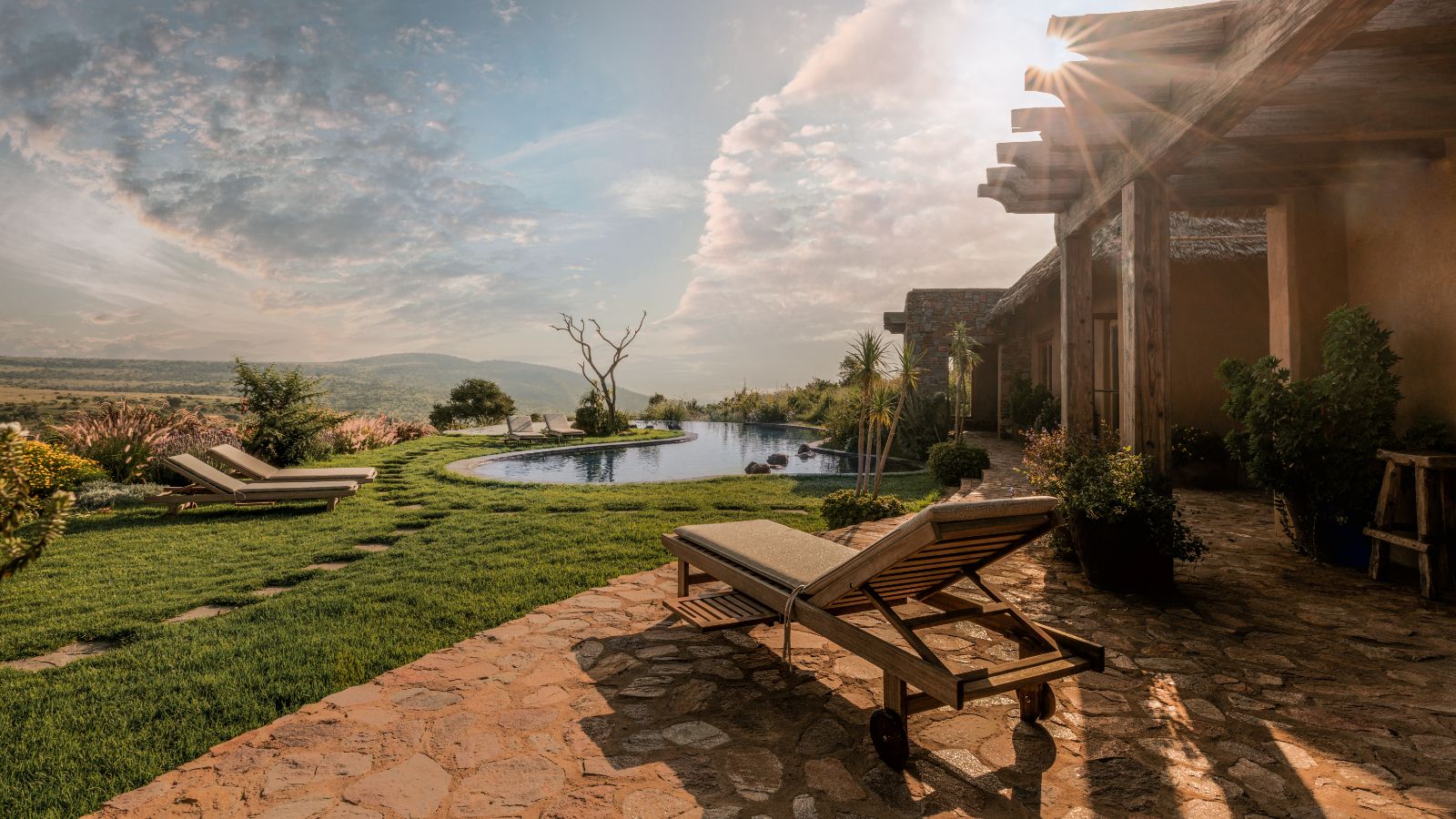 Sunrise over the pool at Lengishu in Laikipia in Kenya