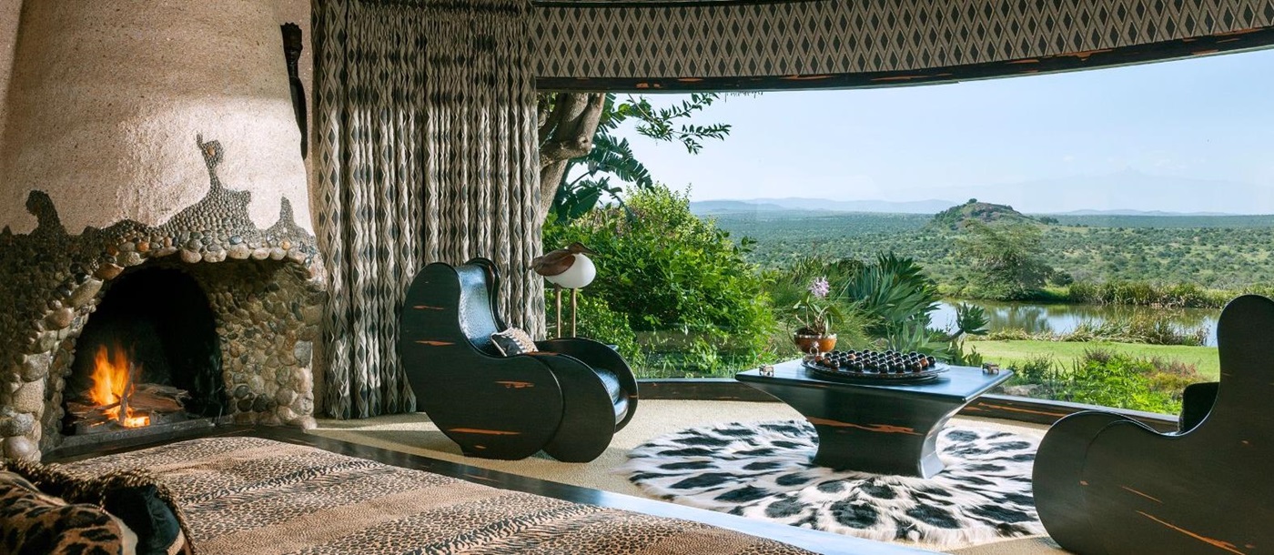 Cottage views from a guest suite bedroom at Ol Jogi private house on the Ol Jogi Conservancy in Kenya
