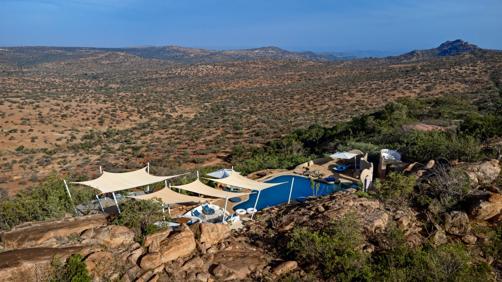 Aerial view of the pool at Ol Lentille private house on the laikipia Plateau in Kenya