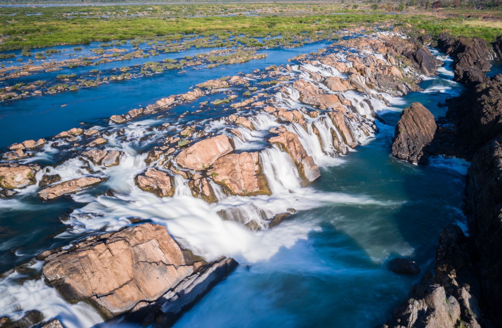 Aerial view of the 4000 Islands waterfalls in Laos