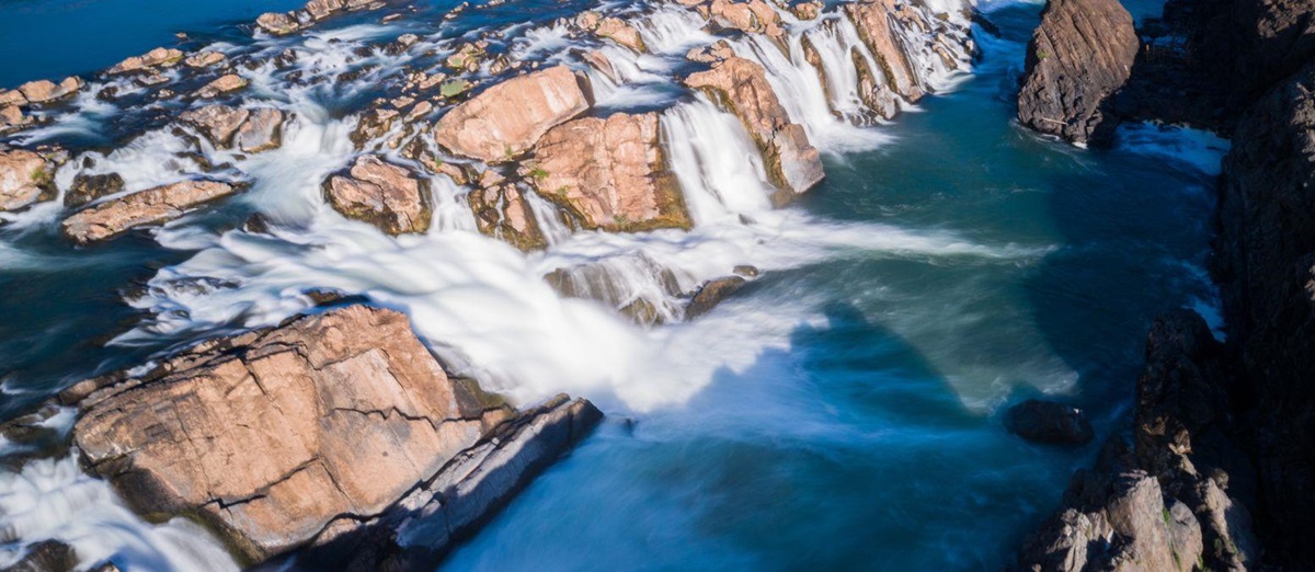 Aerial view of the 4000 Islands waterfalls in Laos