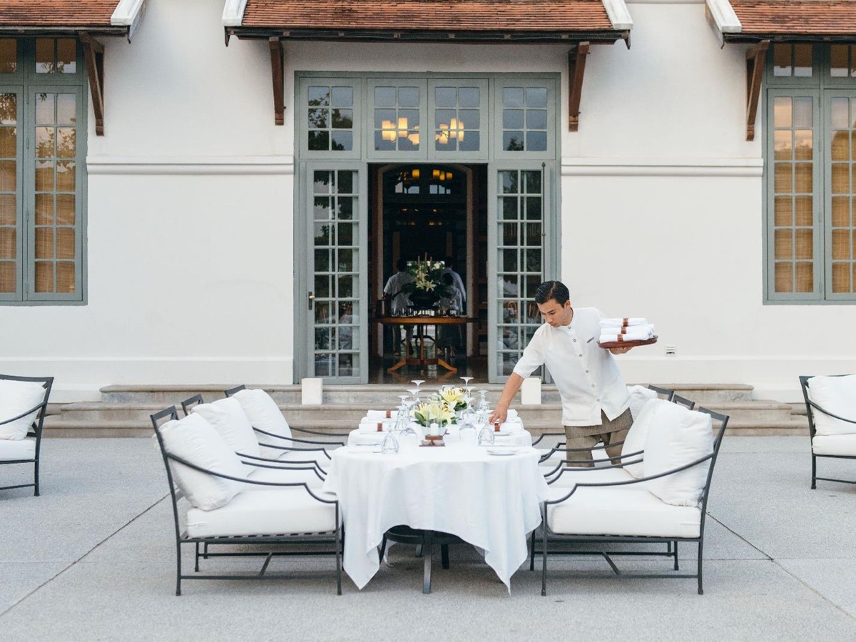Restaurant terrace at Amantaka in Luang Prabang Laos