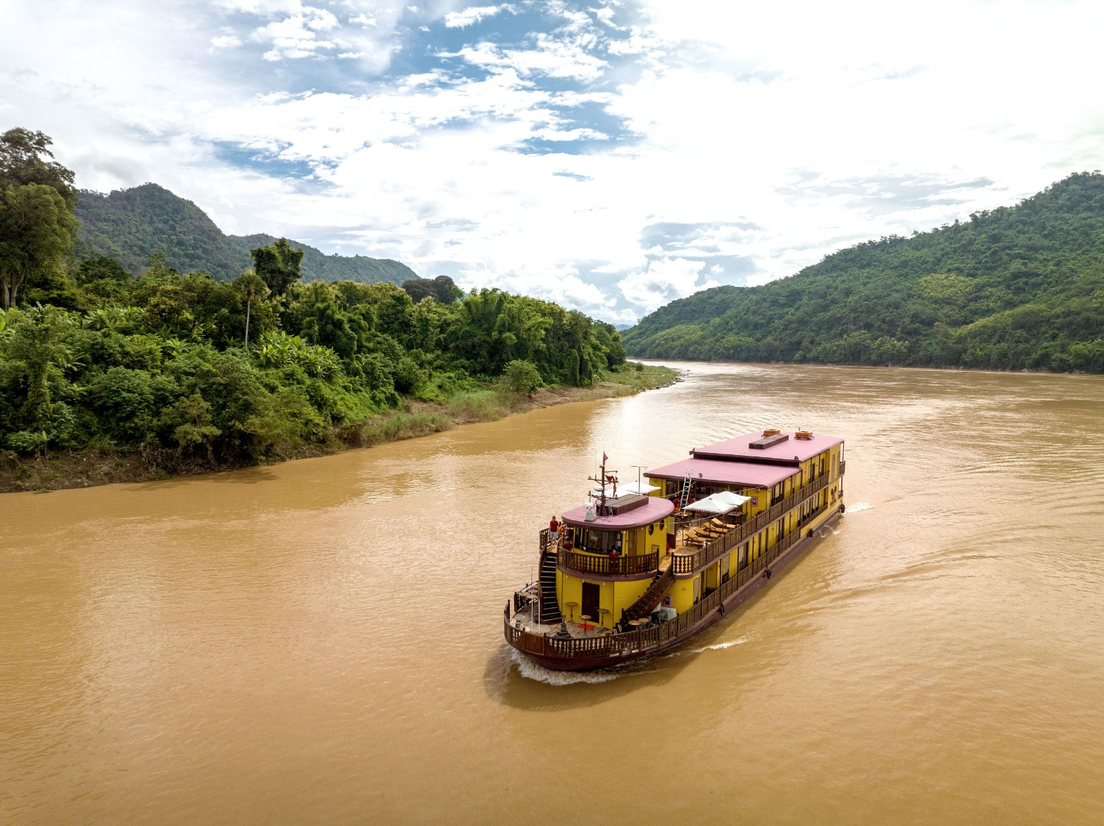 Aerial view of the Anouvong river cruise on the Upper Mekong in Laos