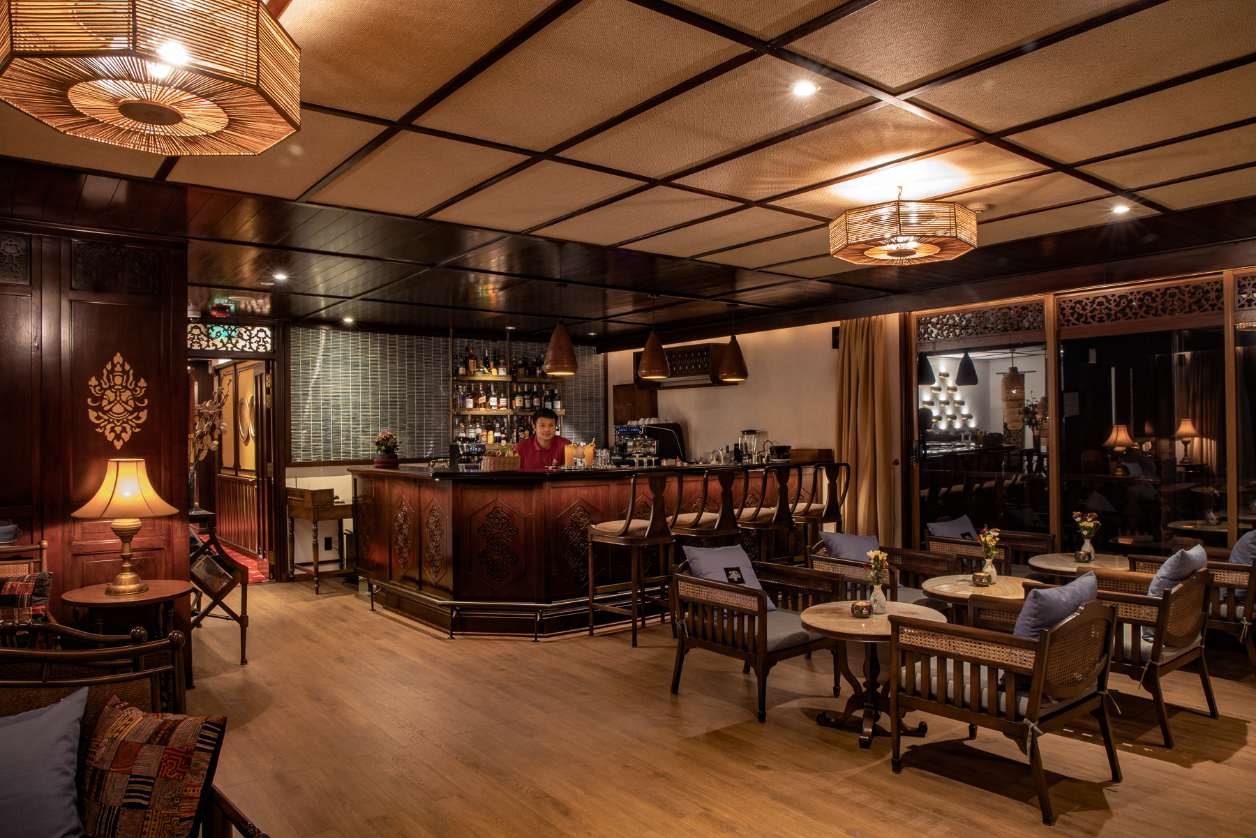 Bar onboard the Anouvong luxury river cruiser on Lao's Upper Mekong