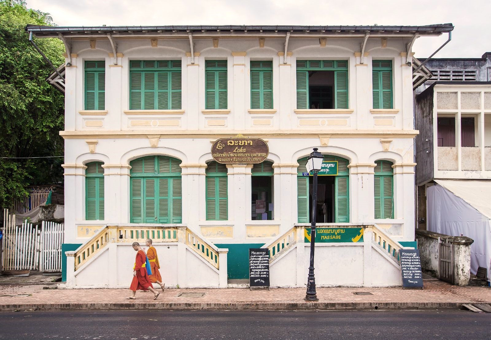 A building in Luang Prabang viewed from the Anouvong river cruise on the Upper Mekong in Laos