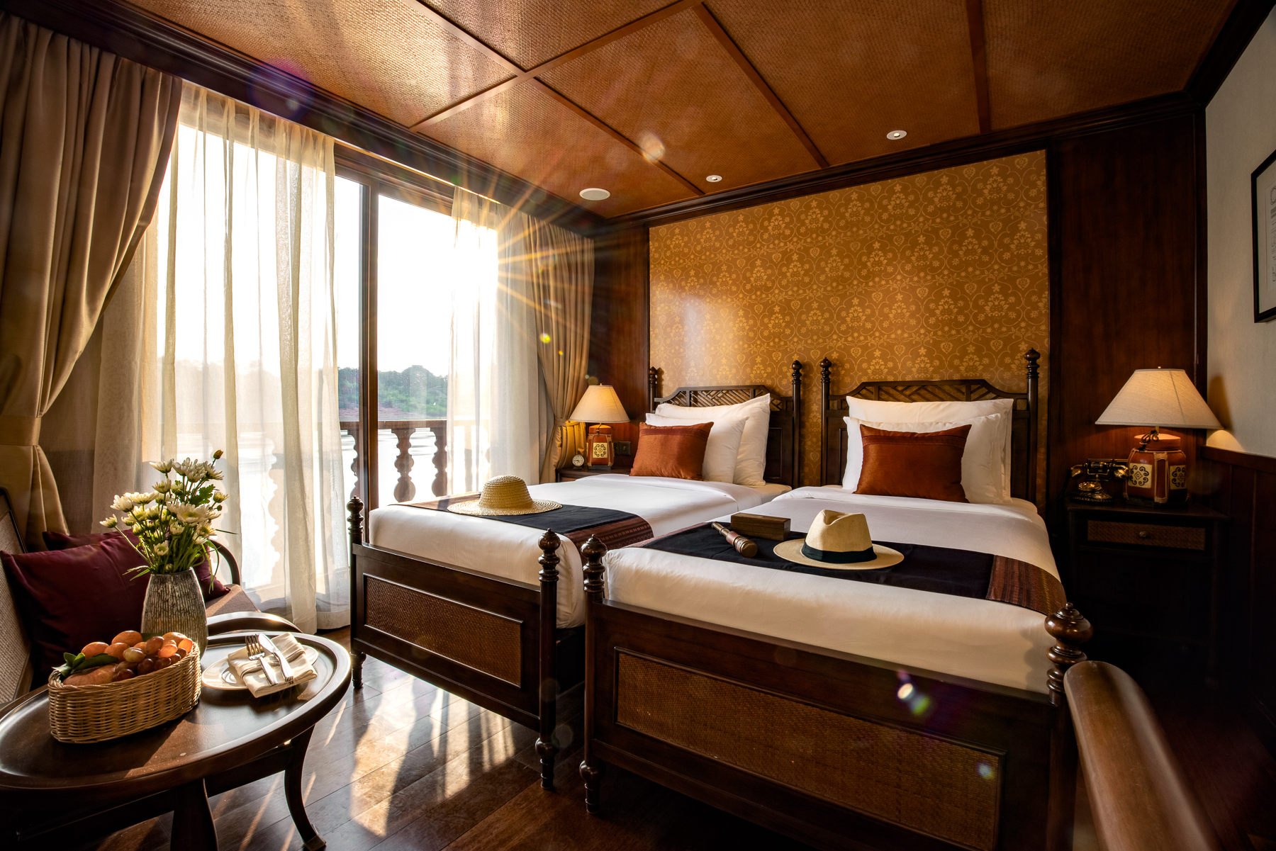 A deluxe suite onboard the Anouvong luxury river cruiser on Laos' Upper Mekong